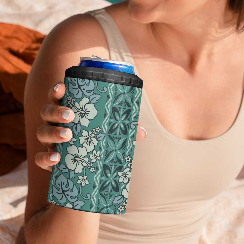 Hawaii Vintage Green Hibiscus Tapa Pattern 4 in 1 Can Cooler Tumbler