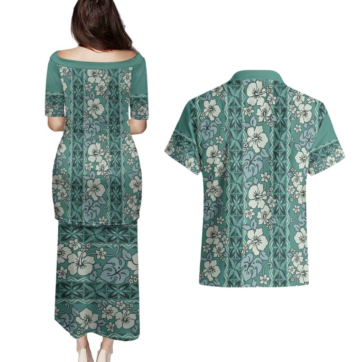 Hawaii Vintage Green Hibiscus Tapa Pattern Couples Matching Puletasi and Hawaiian Shirt
