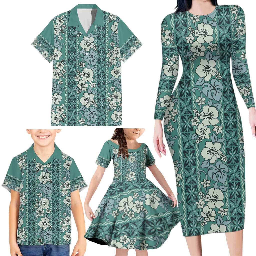 Hawaii Vintage Green Hibiscus Tapa Pattern Family Matching Long Sleeve Bodycon Dress and Hawaiian Shirt LT05 - Polynesian Pride