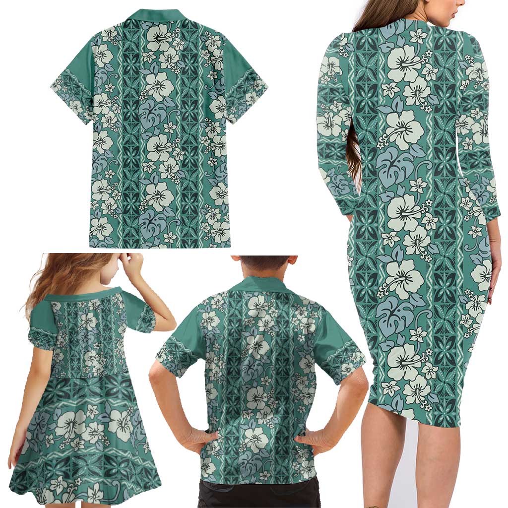 Hawaii Vintage Green Hibiscus Tapa Pattern Family Matching Long Sleeve Bodycon Dress and Hawaiian Shirt LT05 - Polynesian Pride