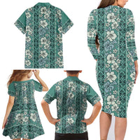 Hawaii Vintage Green Hibiscus Tapa Pattern Family Matching Long Sleeve Bodycon Dress and Hawaiian Shirt LT05 - Polynesian Pride