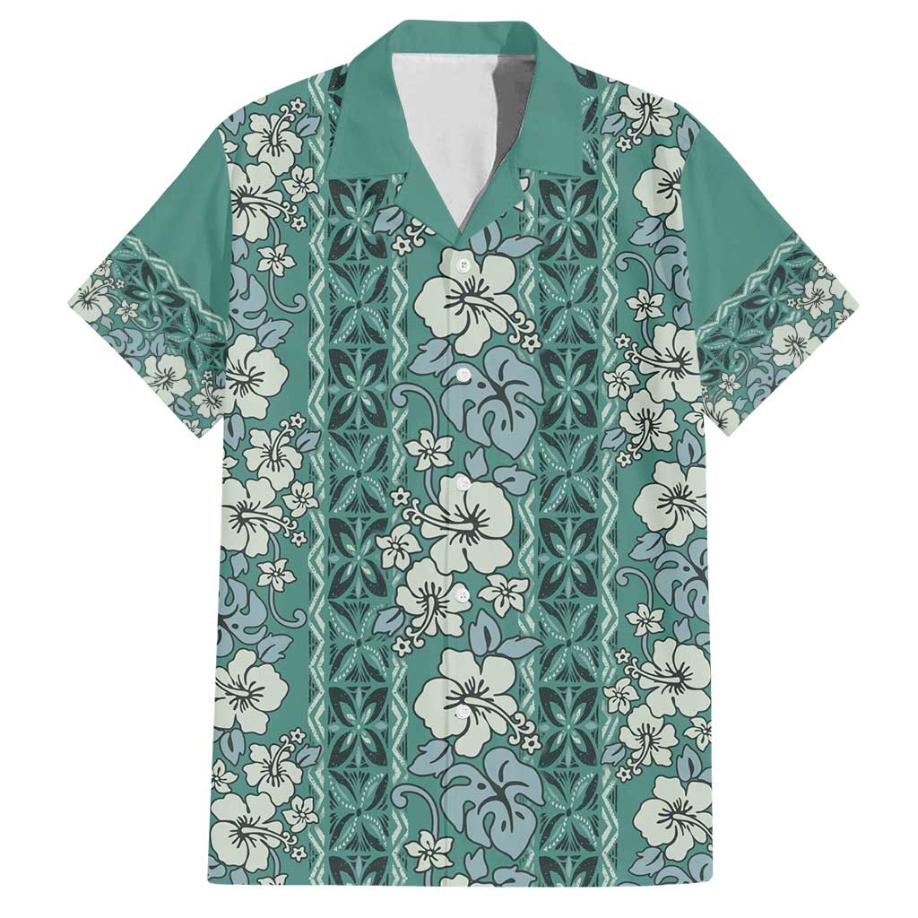 Hawaii Vintage Green Hibiscus Tapa Pattern Family Matching Long Sleeve Bodycon Dress and Hawaiian Shirt LT05 Dad's Shirt - Short Sleeve Green - Polynesian Pride