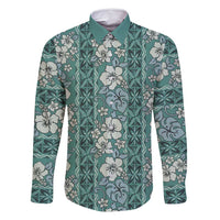 Hawaii Vintage Green Hibiscus Tapa Pattern Family Matching Long Sleeve Bodycon Dress and Hawaiian Shirt LT05 Dad's Shirt - Long Sleeve Green - Polynesian Pride