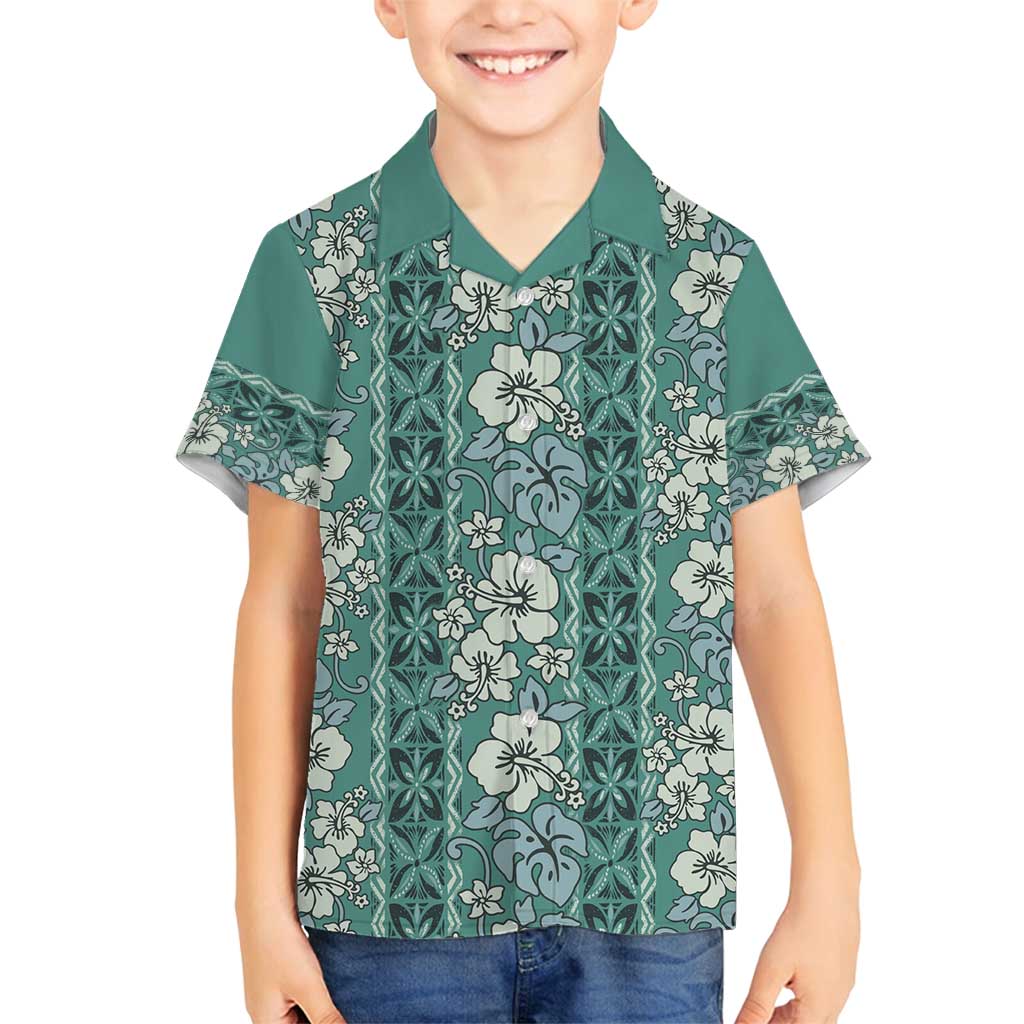 Hawaii Vintage Green Hibiscus Tapa Pattern Family Matching Long Sleeve Bodycon Dress and Hawaiian Shirt LT05 Son's Shirt Green - Polynesian Pride