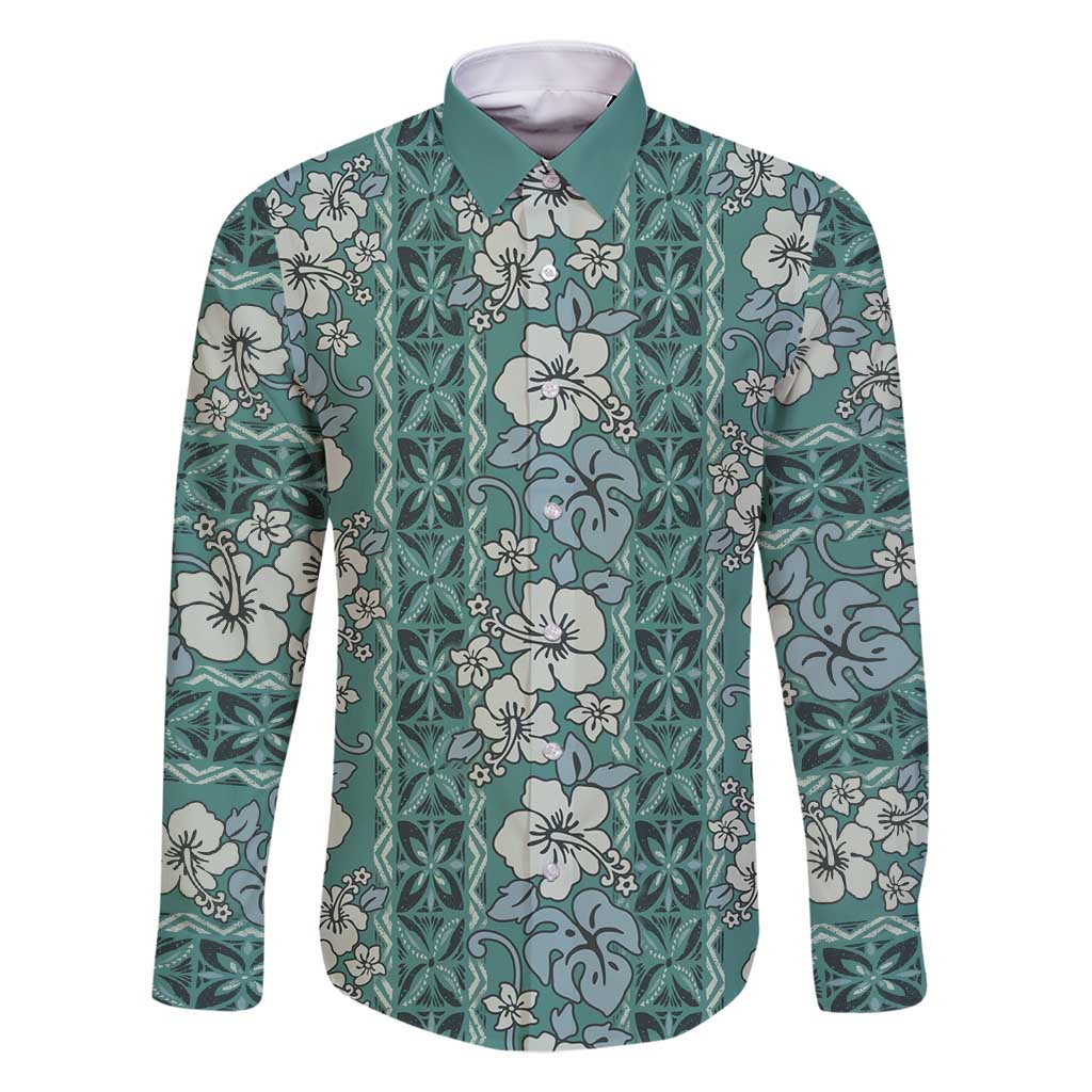 Hawaii Vintage Green Hibiscus Tapa Pattern Family Matching Mermaid Dress and Hawaiian Shirt
