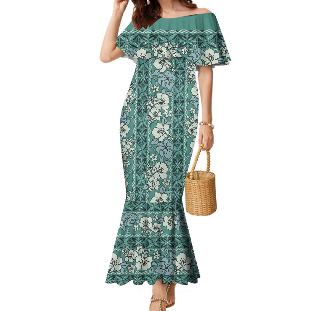 Hawaii Vintage Green Hibiscus Tapa Pattern Family Matching Mermaid Dress and Hawaiian Shirt