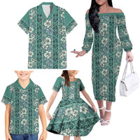Hawaii Vintage Green Hibiscus Tapa Pattern Family Matching Off The Shoulder Long Sleeve Dress and Hawaiian Shirt LT05 - Polynesian Pride