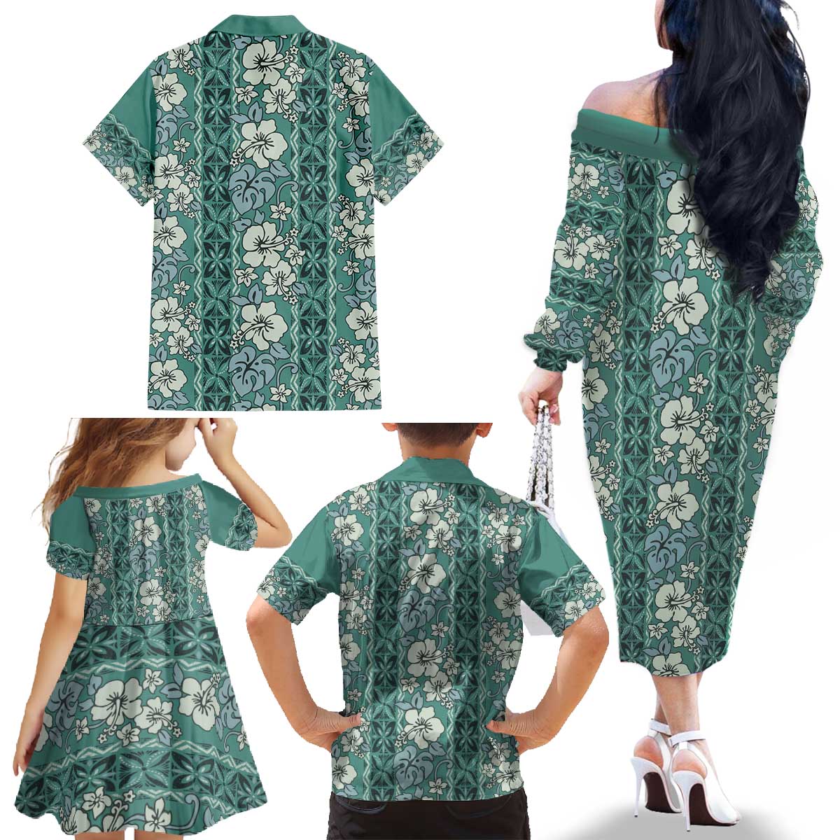 Hawaii Vintage Green Hibiscus Tapa Pattern Family Matching Off The Shoulder Long Sleeve Dress and Hawaiian Shirt LT05 - Polynesian Pride