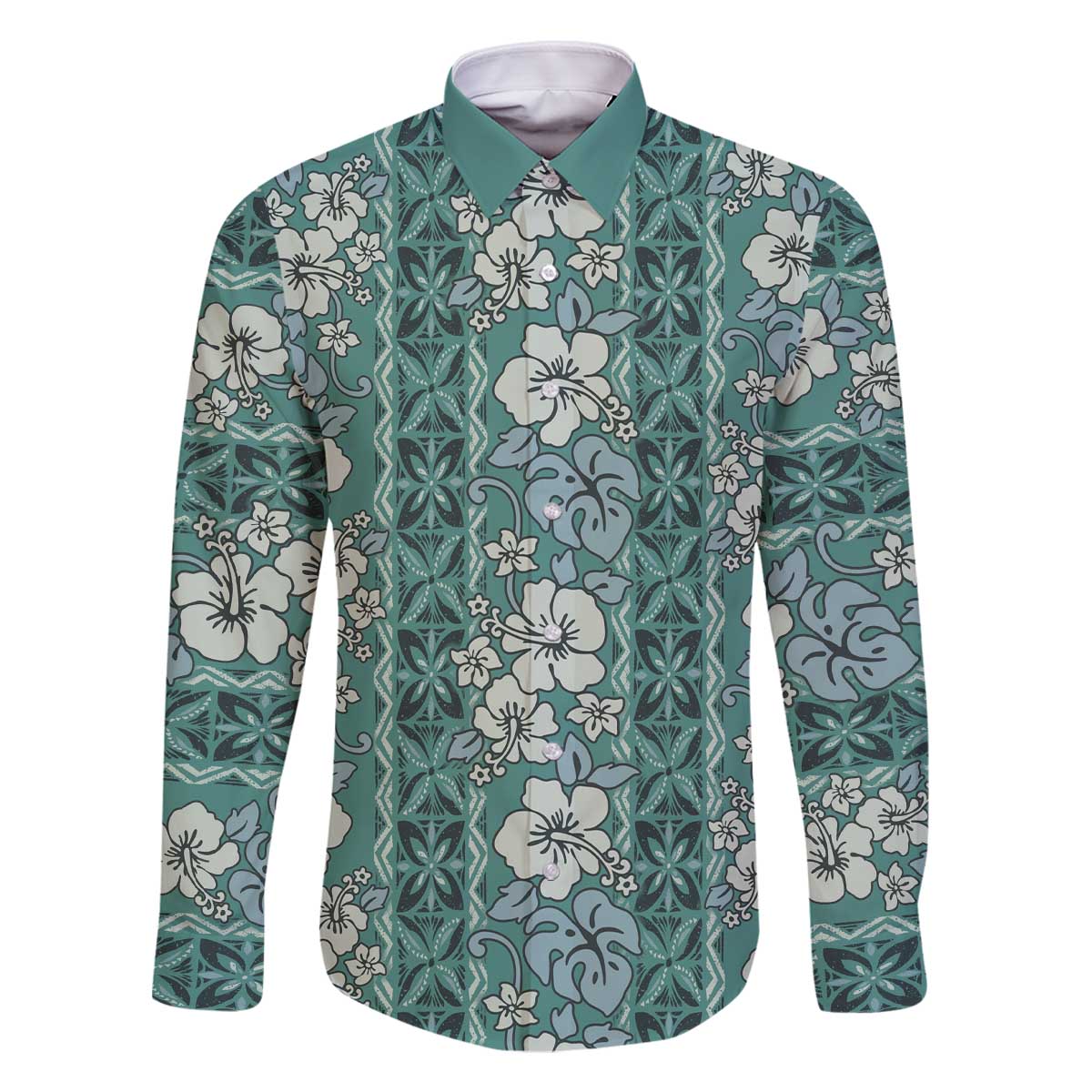Hawaii Vintage Green Hibiscus Tapa Pattern Family Matching Off The Shoulder Long Sleeve Dress and Hawaiian Shirt LT05 Dad's Shirt - Long Sleeve Green - Polynesian Pride