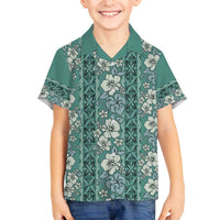 Hawaii Vintage Green Hibiscus Tapa Pattern Family Matching Off Shoulder Short Dress and Hawaiian Shirt