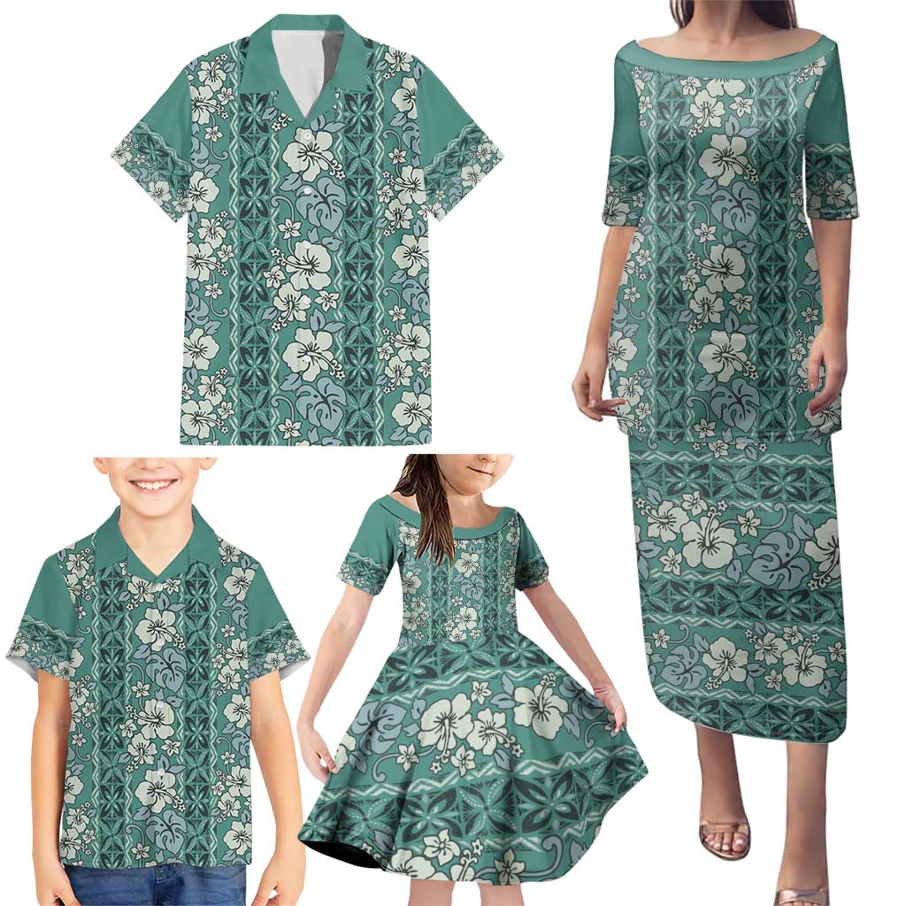 Hawaii Vintage Green Hibiscus Tapa Pattern Family Matching Puletasi and Hawaiian Shirt LT05 - Polynesian Pride