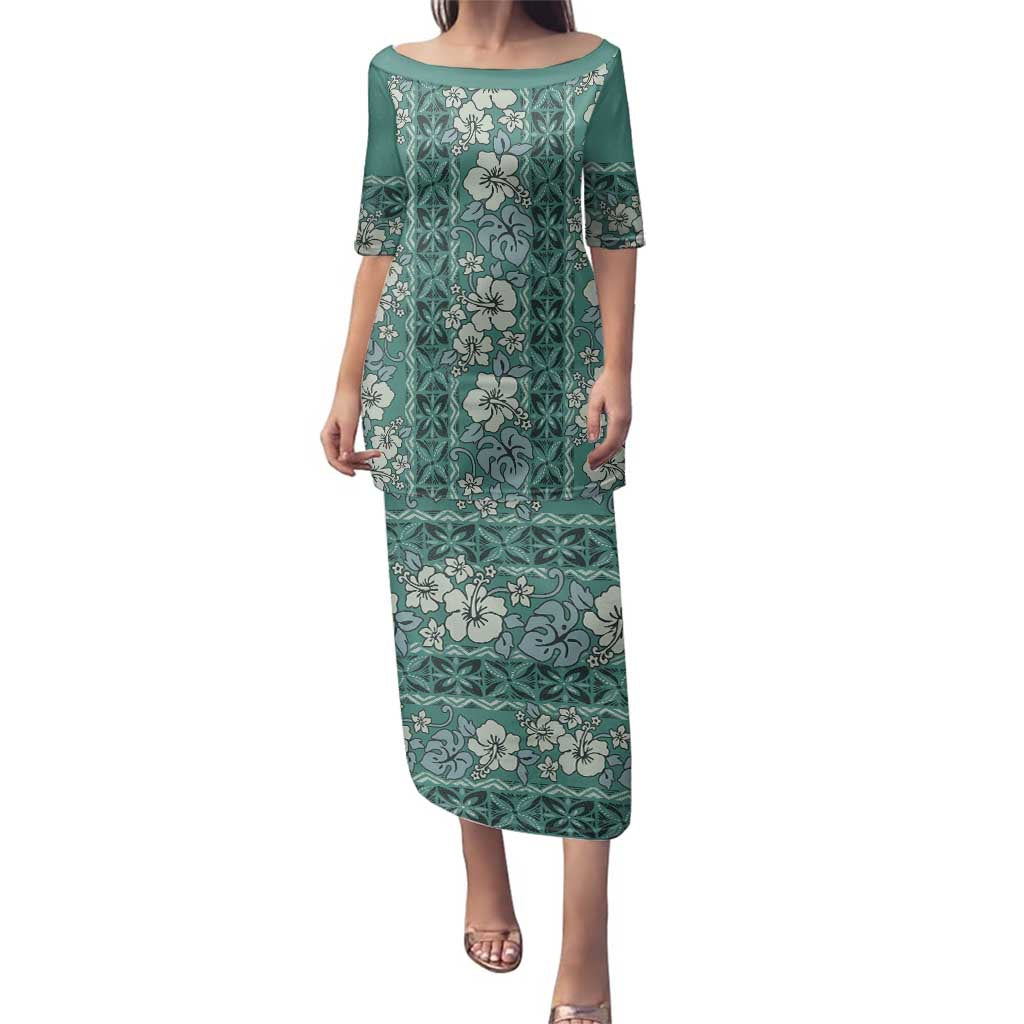 Hawaii Vintage Green Hibiscus Tapa Pattern Family Matching Puletasi and Hawaiian Shirt