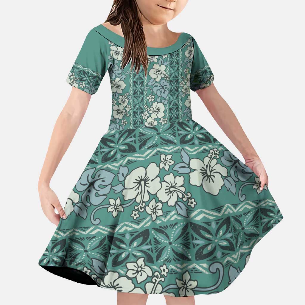 Hawaii Vintage Green Hibiscus Tapa Pattern Family Matching Short Sleeve Bodycon Dress and Hawaiian Shirt LT05 Daughter's Dress Green - Polynesian Pride