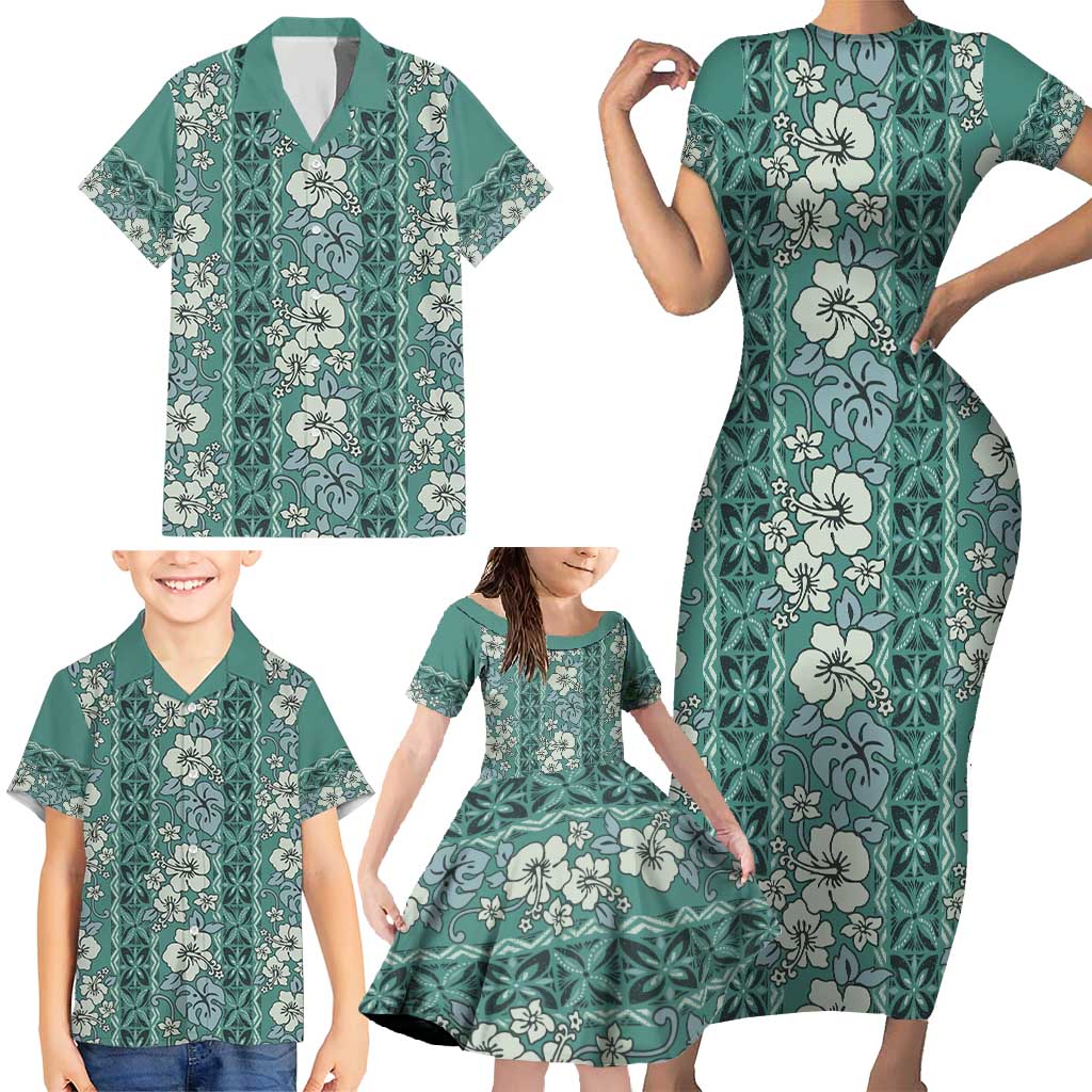 Hawaii Vintage Green Hibiscus Tapa Pattern Family Matching Short Sleeve Bodycon Dress and Hawaiian Shirt LT05 - Polynesian Pride
