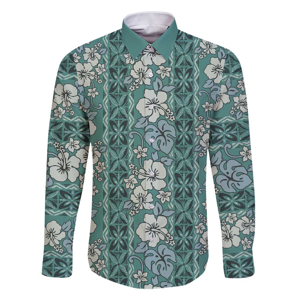 Hawaii Vintage Green Hibiscus Tapa Pattern Family Matching Short Sleeve Bodycon Dress and Hawaiian Shirt LT05 Dad's Shirt - Long Sleeve Green - Polynesian Pride