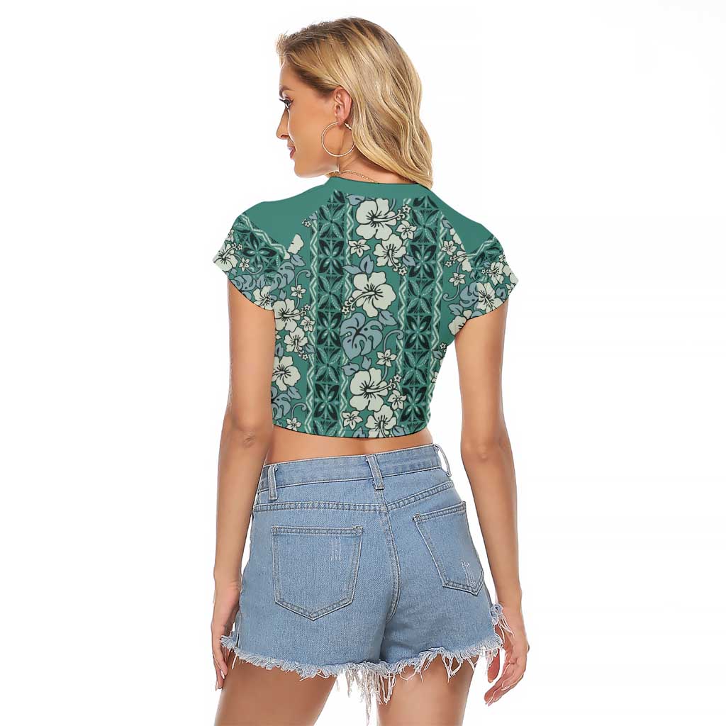 Hawaii Vintage Green Hibiscus Tapa Pattern Raglan Cropped T Shirt