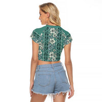 Hawaii Vintage Green Hibiscus Tapa Pattern Raglan Cropped T Shirt