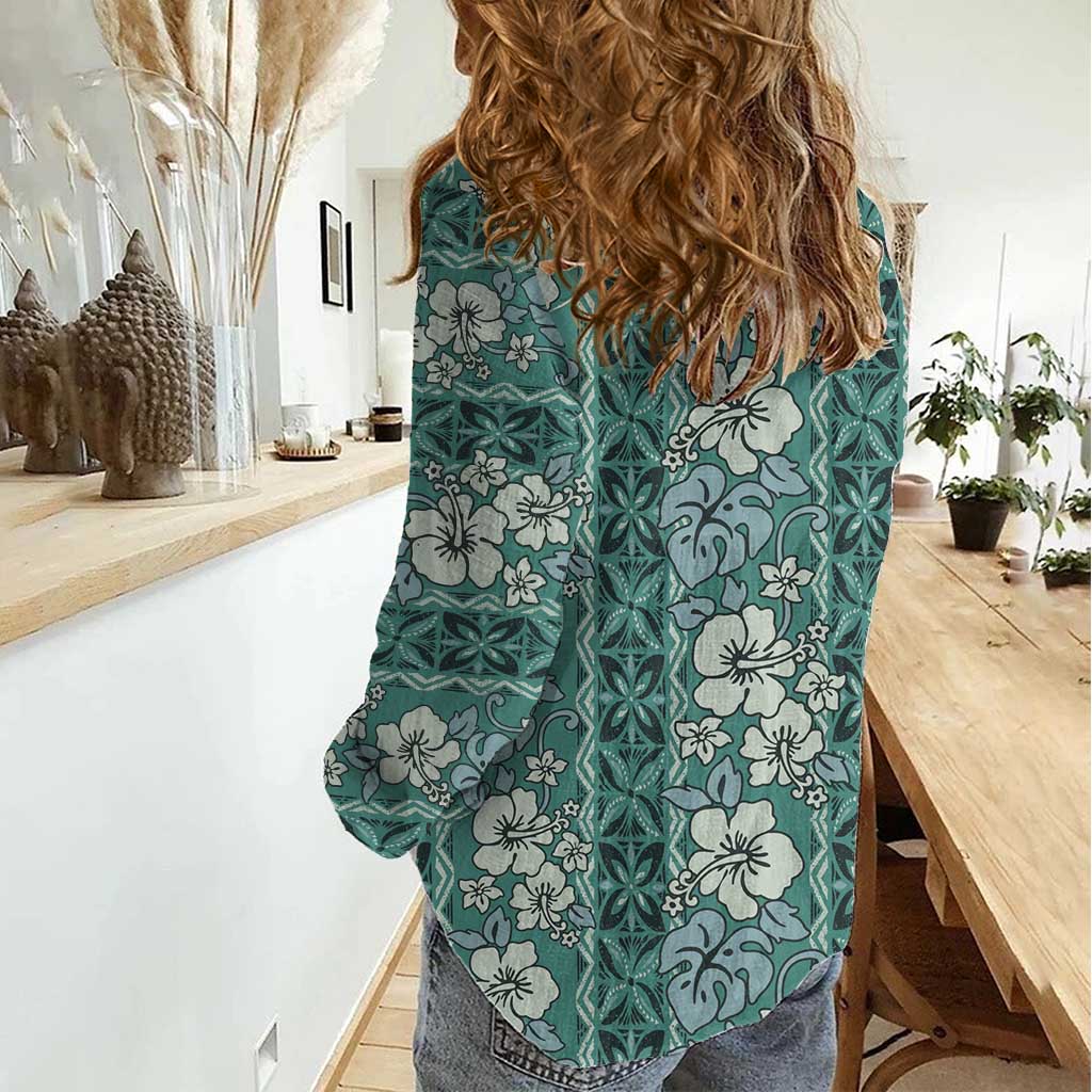 Hawaii Vintage Green Hibiscus Tapa Pattern Women Casual Shirt