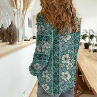 Hawaii Vintage Green Hibiscus Tapa Pattern Women Casual Shirt