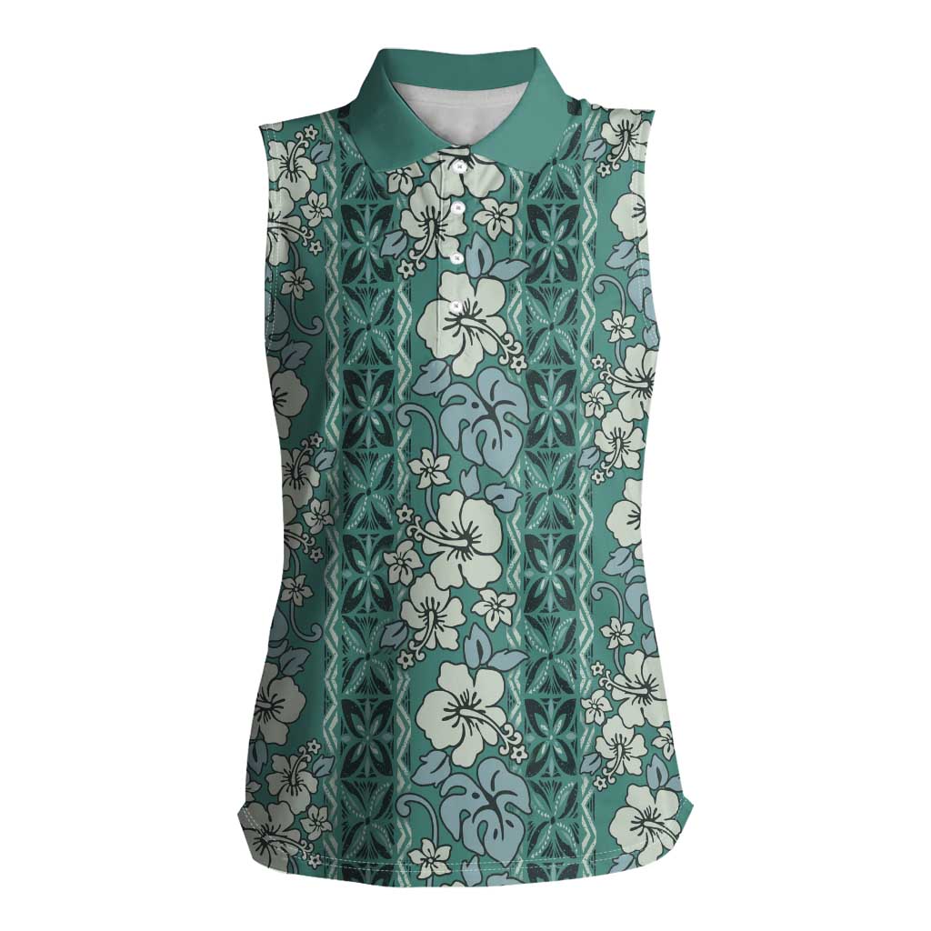 Hawaii Vintage Green Hibiscus Tapa Pattern Women Sleeveless Polo Shirt