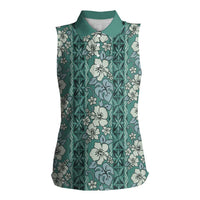 Hawaii Vintage Green Hibiscus Tapa Pattern Women Sleeveless Polo Shirt