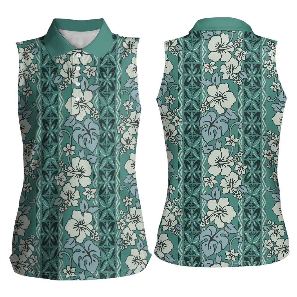 Hawaii Vintage Green Hibiscus Tapa Pattern Women Sleeveless Polo Shirt