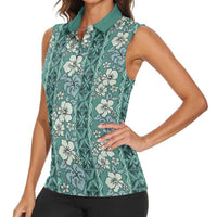 Hawaii Vintage Green Hibiscus Tapa Pattern Women Sleeveless Polo Shirt