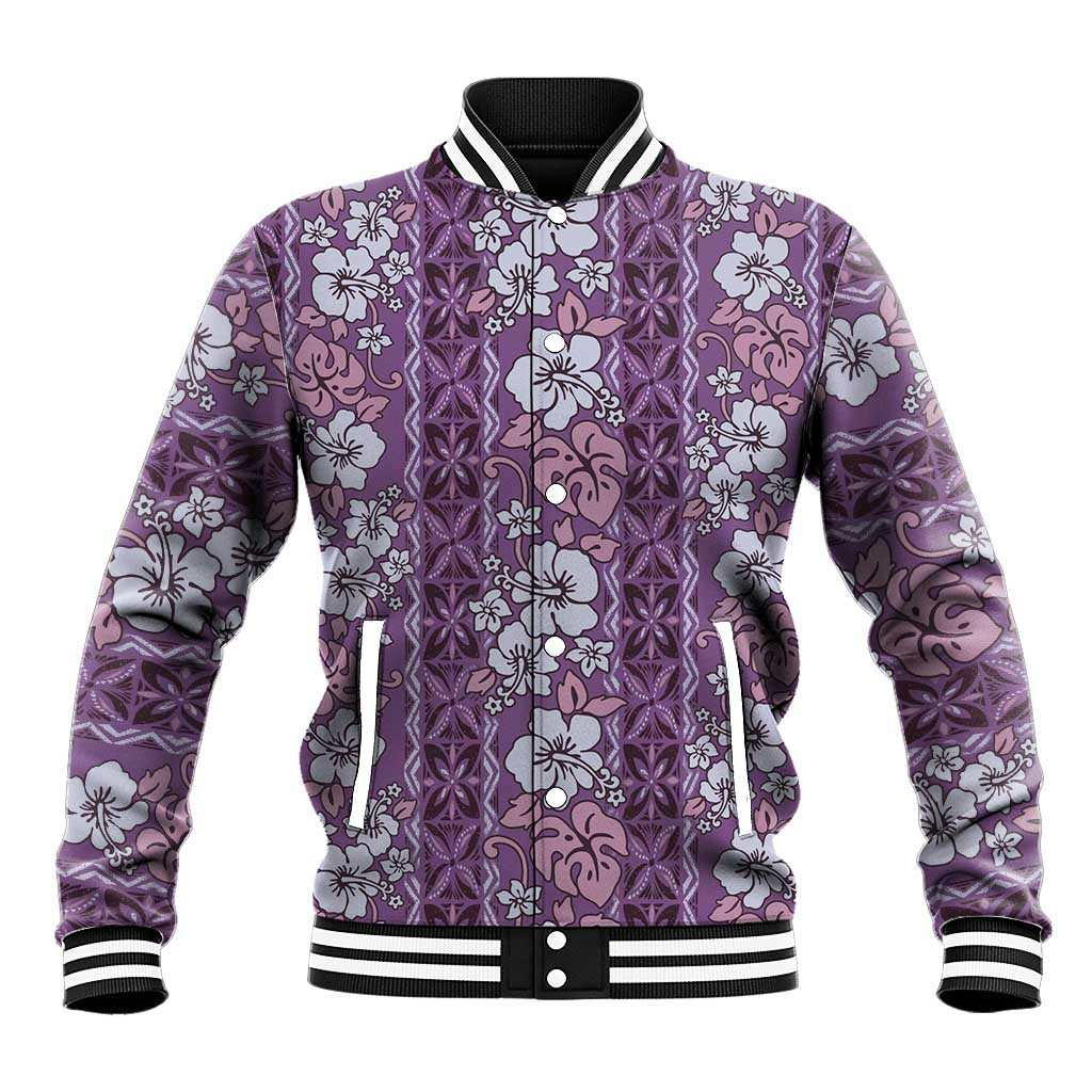 Hawaii Vintage Violet Hibiscus Tapa Pattern Baseball Jacket