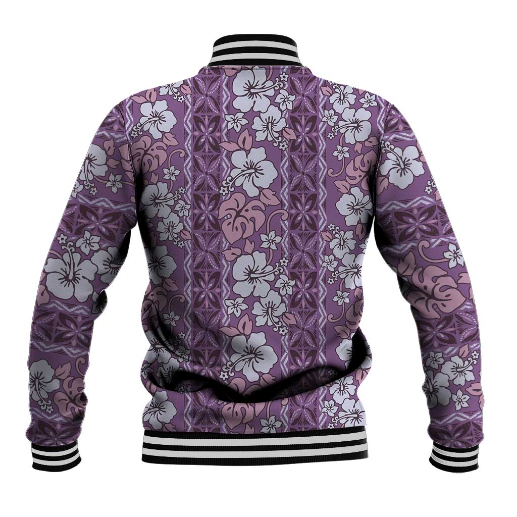 Hawaii Vintage Violet Hibiscus Tapa Pattern Baseball Jacket