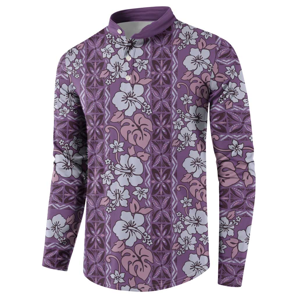 Hawaii Vintage Violet Hibiscus Tapa Pattern Button Sweatshirt