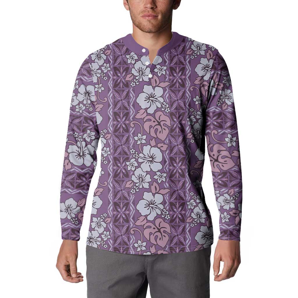 Hawaii Vintage Violet Hibiscus Tapa Pattern Button Sweatshirt