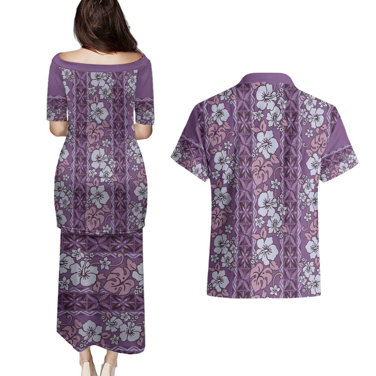 Hawaii Vintage Violet Hibiscus Tapa Pattern Couples Matching Puletasi and Hawaiian Shirt