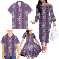 Hawaii Vintage Violet Hibiscus Tapa Pattern Family Matching Off The Shoulder Long Sleeve Dress and Hawaiian Shirt LT05 - Polynesian Pride