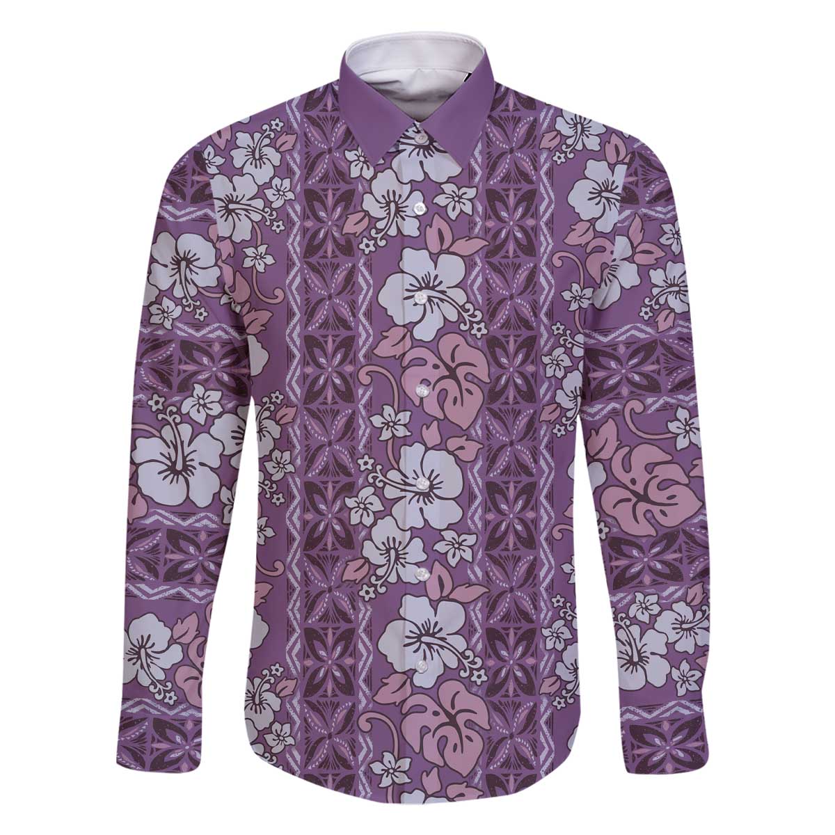 Hawaii Vintage Violet Hibiscus Tapa Pattern Family Matching Off The Shoulder Long Sleeve Dress and Hawaiian Shirt LT05 Dad's Shirt - Long Sleeve Violet - Polynesian Pride