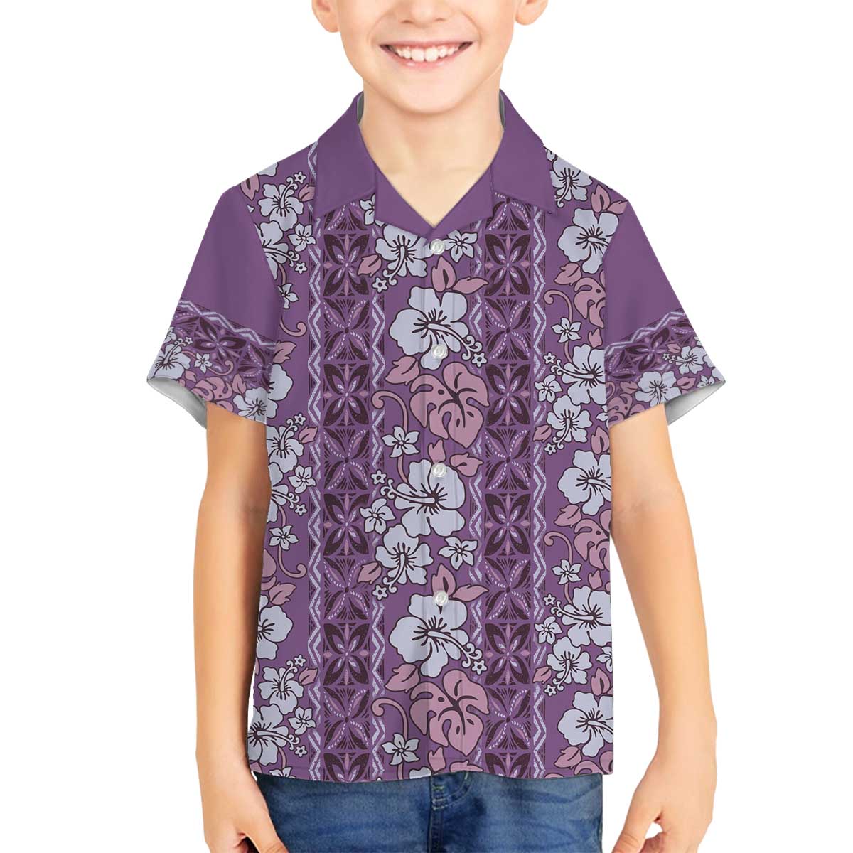 Hawaii Vintage Violet Hibiscus Tapa Pattern Family Matching Off The Shoulder Long Sleeve Dress and Hawaiian Shirt LT05 Son's Shirt Violet - Polynesian Pride