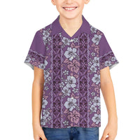Hawaii Vintage Violet Hibiscus Tapa Pattern Family Matching Off The Shoulder Long Sleeve Dress and Hawaiian Shirt LT05 Son's Shirt Violet - Polynesian Pride