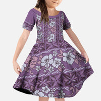 Hawaii Vintage Violet Hibiscus Tapa Pattern Family Matching Off Shoulder Maxi Dress and Hawaiian Shirt