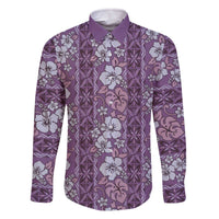 Hawaii Vintage Violet Hibiscus Tapa Pattern Family Matching Off Shoulder Short Dress and Hawaiian Shirt