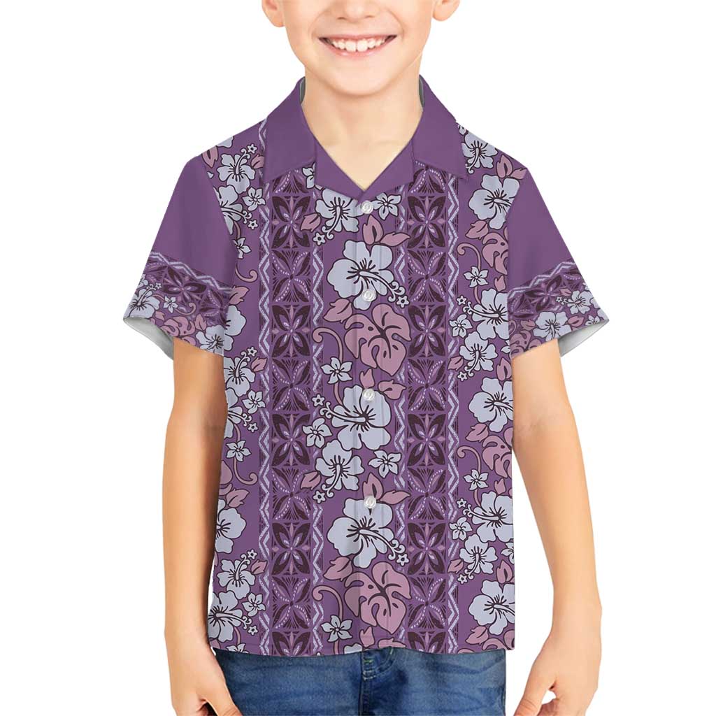 Hawaii Vintage Violet Hibiscus Tapa Pattern Family Matching Puletasi and Hawaiian Shirt