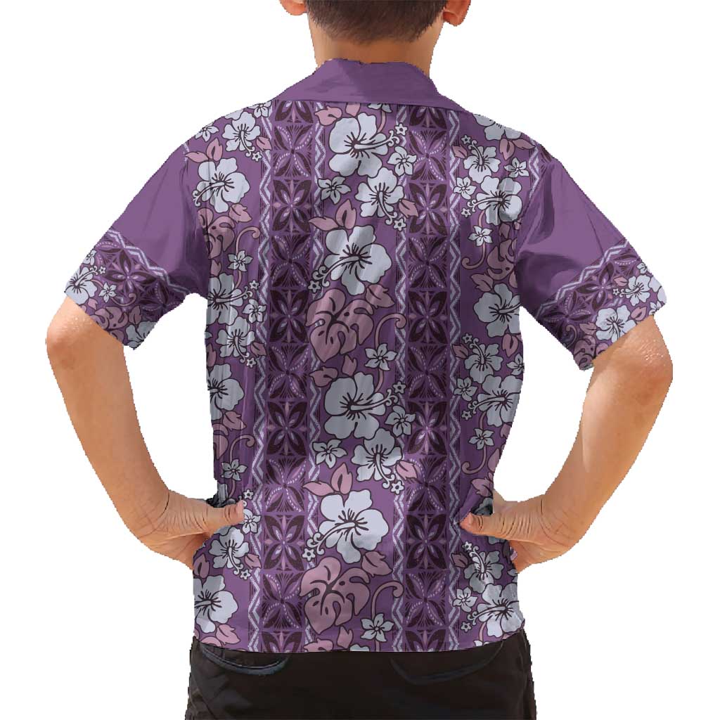 Hawaii Vintage Violet Hibiscus Tapa Pattern Family Matching Summer Maxi Dress and Hawaiian Shirt