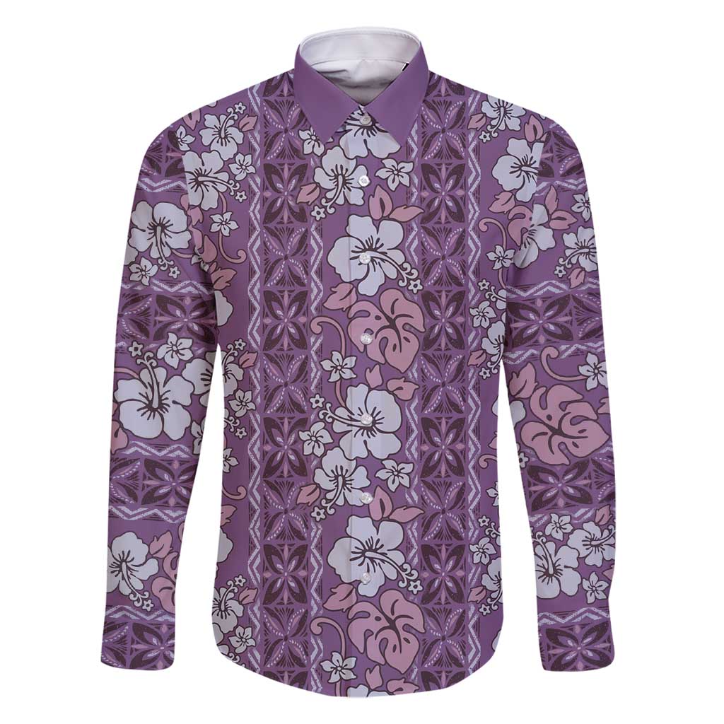 Hawaii Vintage Violet Hibiscus Tapa Pattern Family Matching Summer Maxi Dress and Hawaiian Shirt