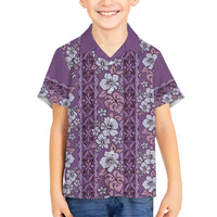 Hawaii Vintage Violet Hibiscus Tapa Pattern Family Matching Summer Maxi Dress and Hawaiian Shirt