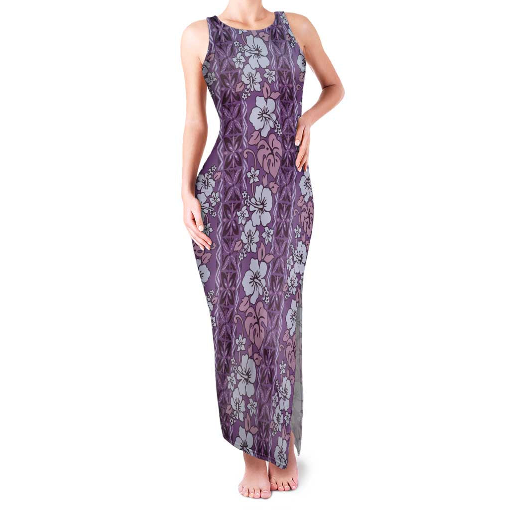 Hawaii Vintage Violet Hibiscus Tapa Pattern Family Matching Tank Maxi Dress and Hawaiian Shirt