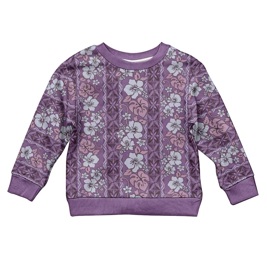 Hawaii Vintage Violet Hibiscus Tapa Pattern Kid Ugly Christmas Sweater