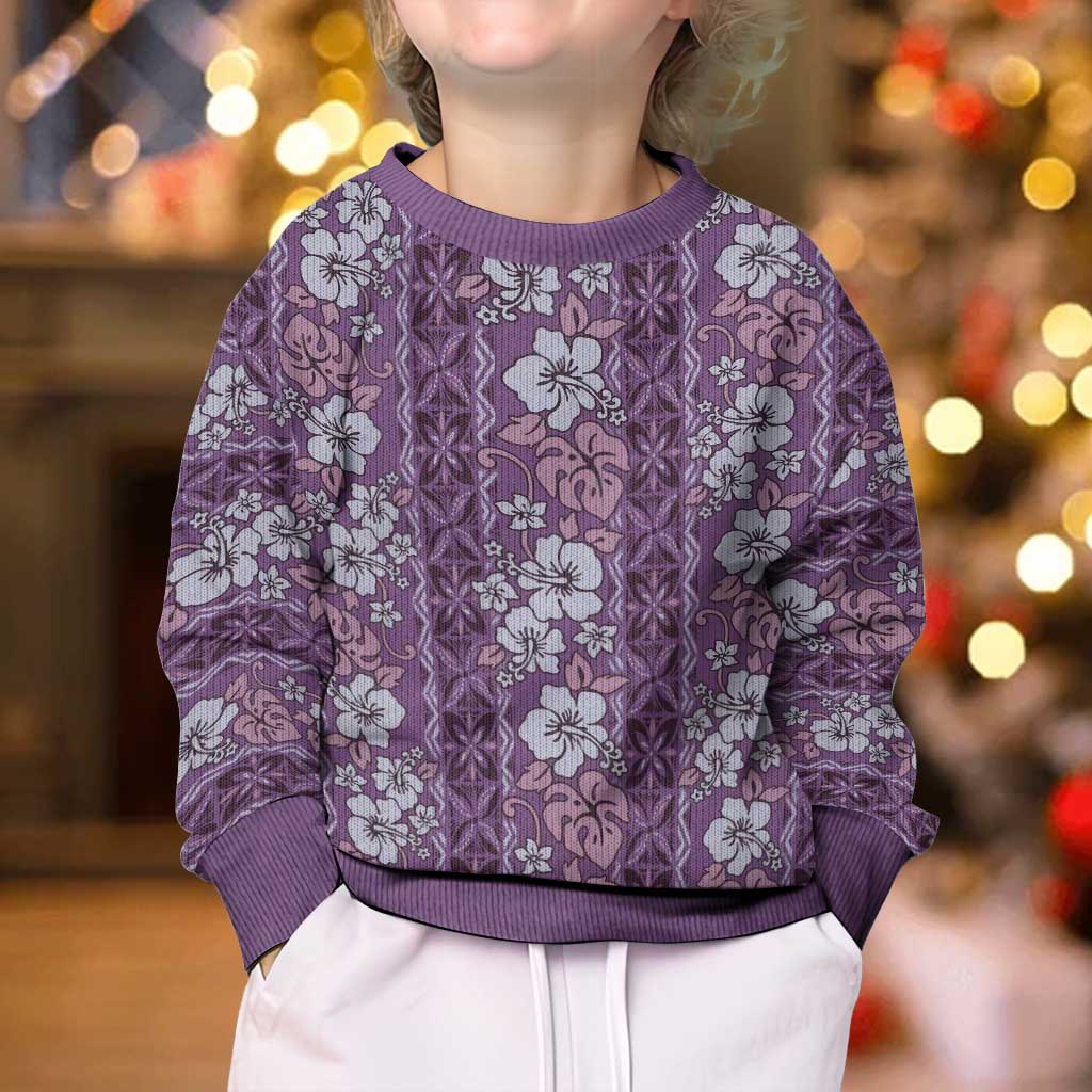 Hawaii Vintage Violet Hibiscus Tapa Pattern Kid Ugly Christmas Sweater