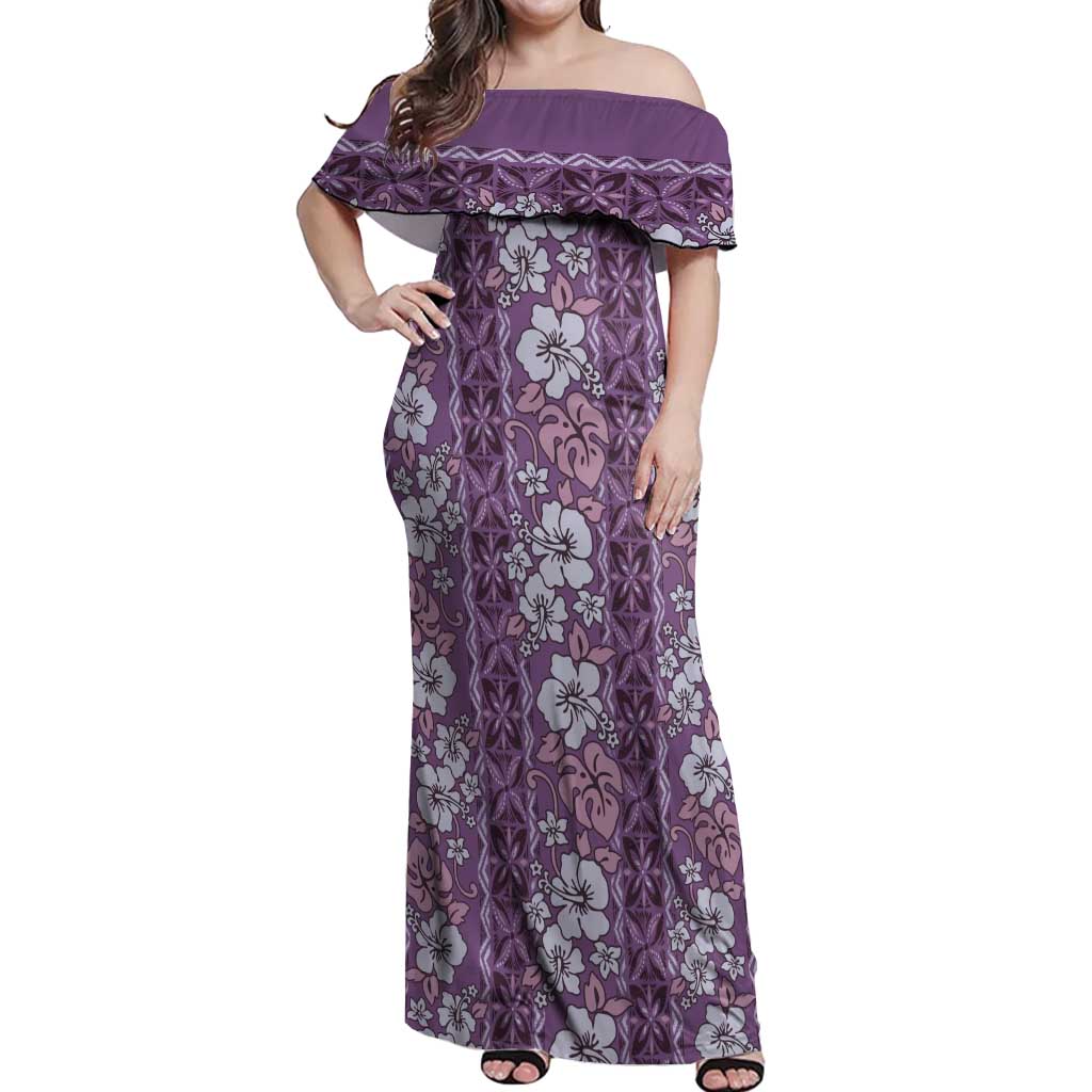 Hawaii Vintage Violet Hibiscus Tapa Pattern Off Shoulder Maxi Dress