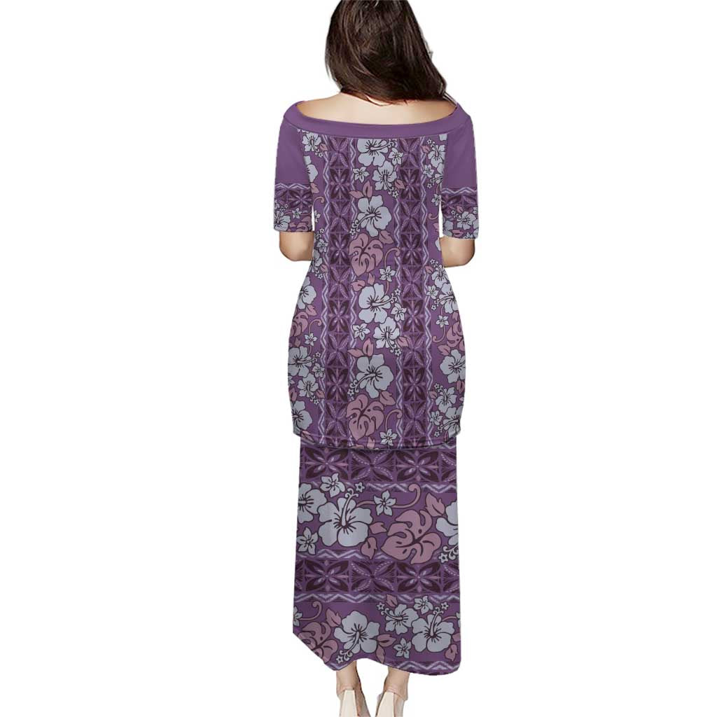 Hawaii Vintage Violet Hibiscus Tapa Pattern Puletasi
