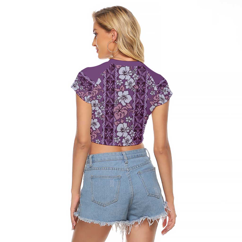Hawaii Vintage Violet Hibiscus Tapa Pattern Raglan Cropped T Shirt