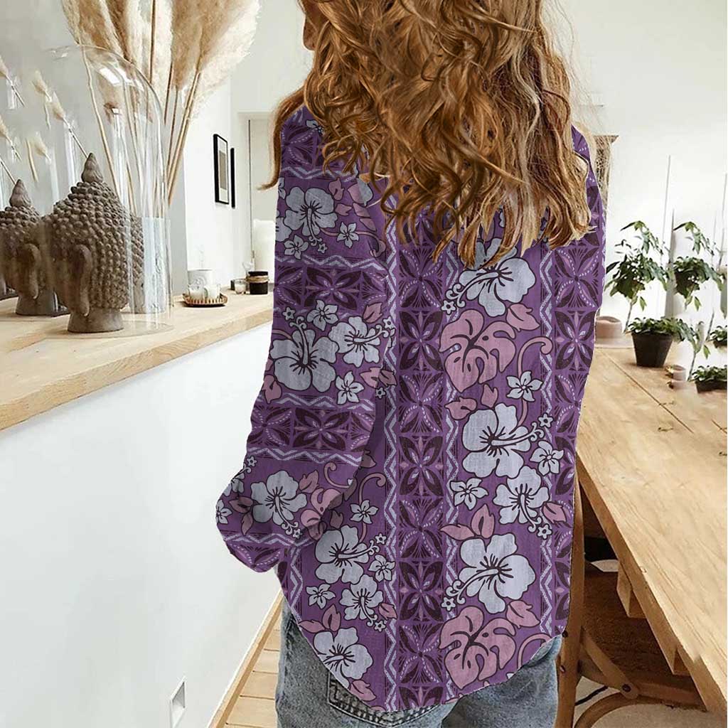 Hawaii Vintage Violet Hibiscus Tapa Pattern Women Casual Shirt