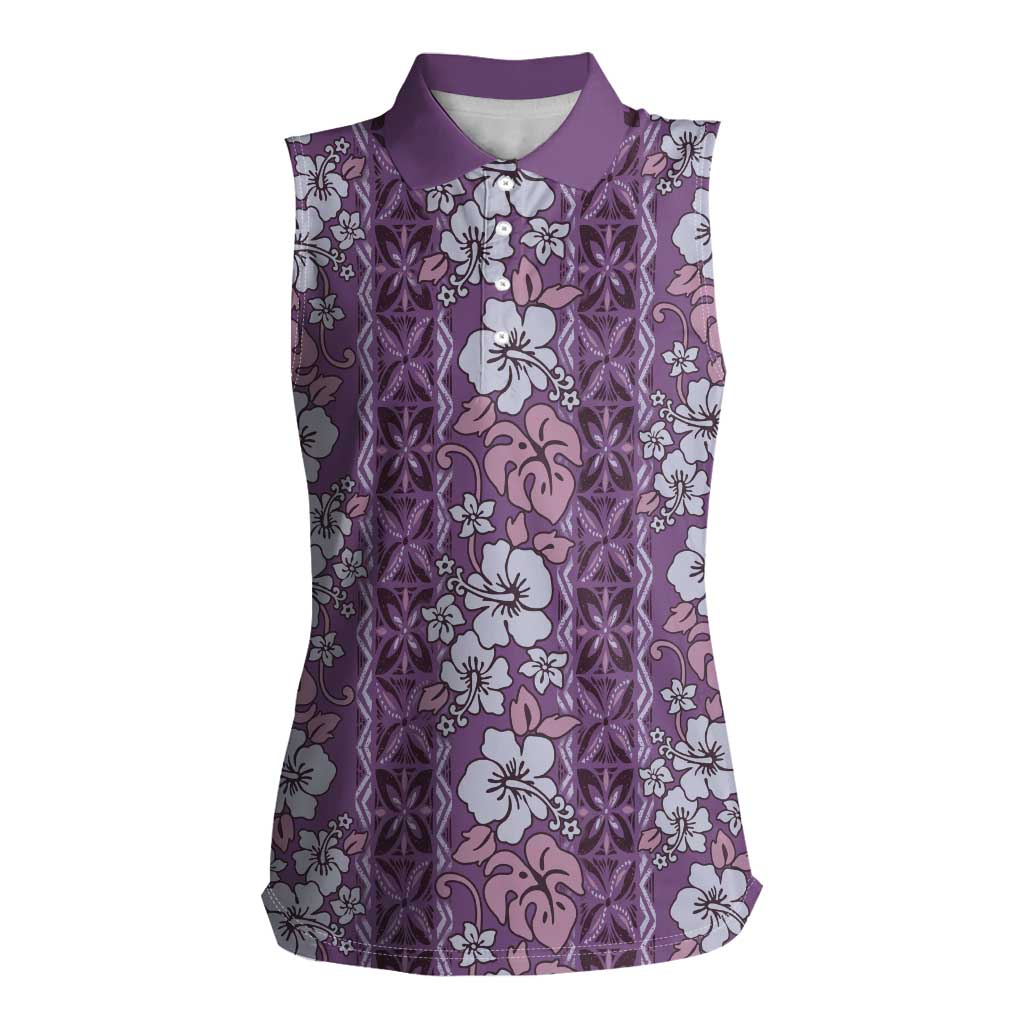 Hawaii Vintage Violet Hibiscus Tapa Pattern Women Sleeveless Polo Shirt